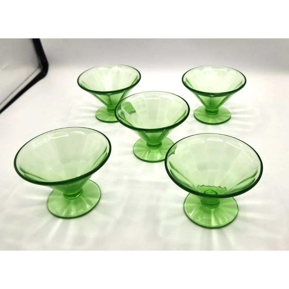 GLOWS! Vintage Green Uranium Depression Glass Sherbet Dessert Cups Set of 5